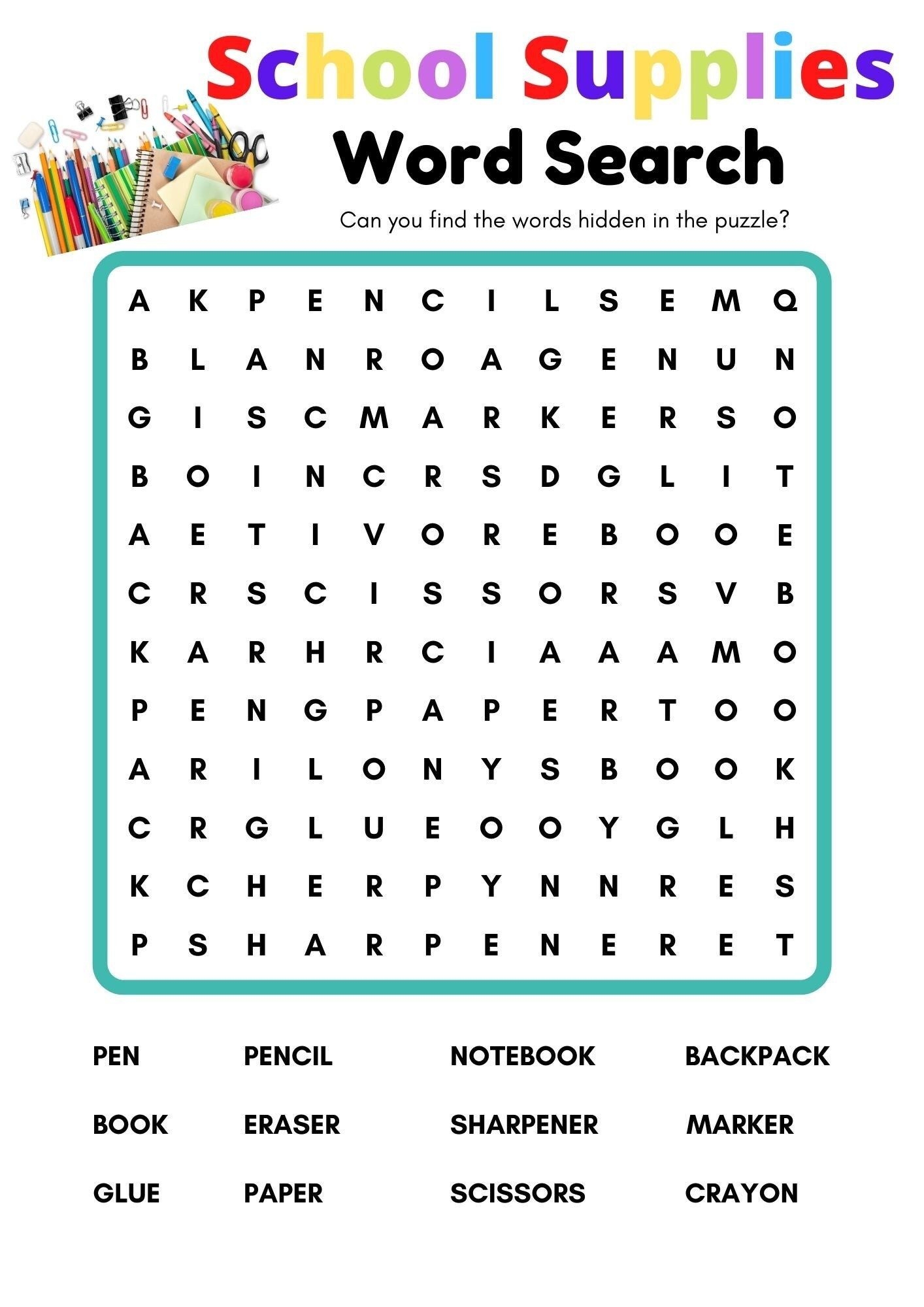 School Supplies Word Search Printable School Word Search School Family Game Night Games Search Etsy
