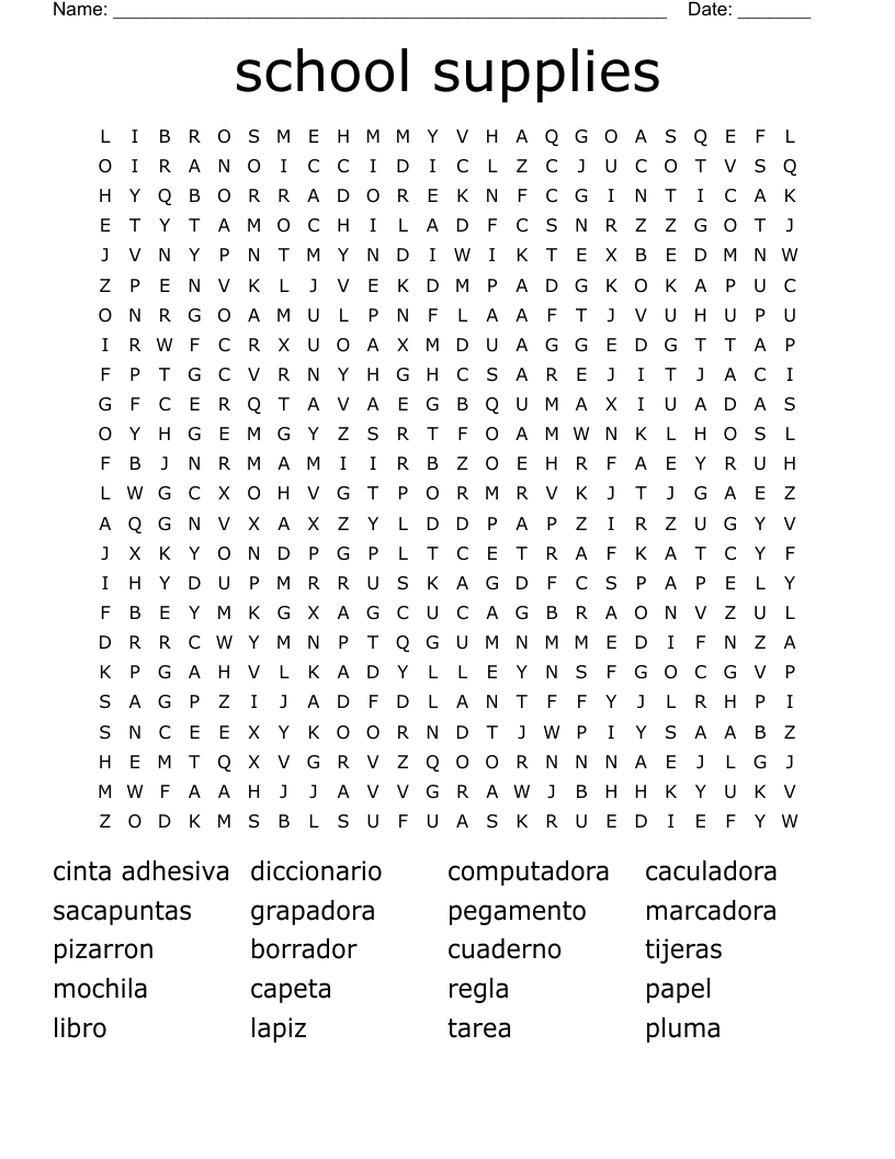 School Supplies Word Search WordMint