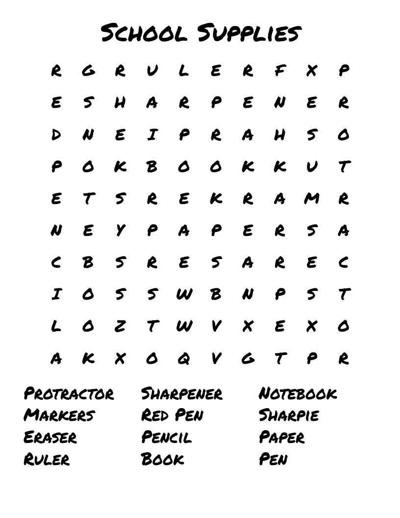 School Supplies Word Search WordMint