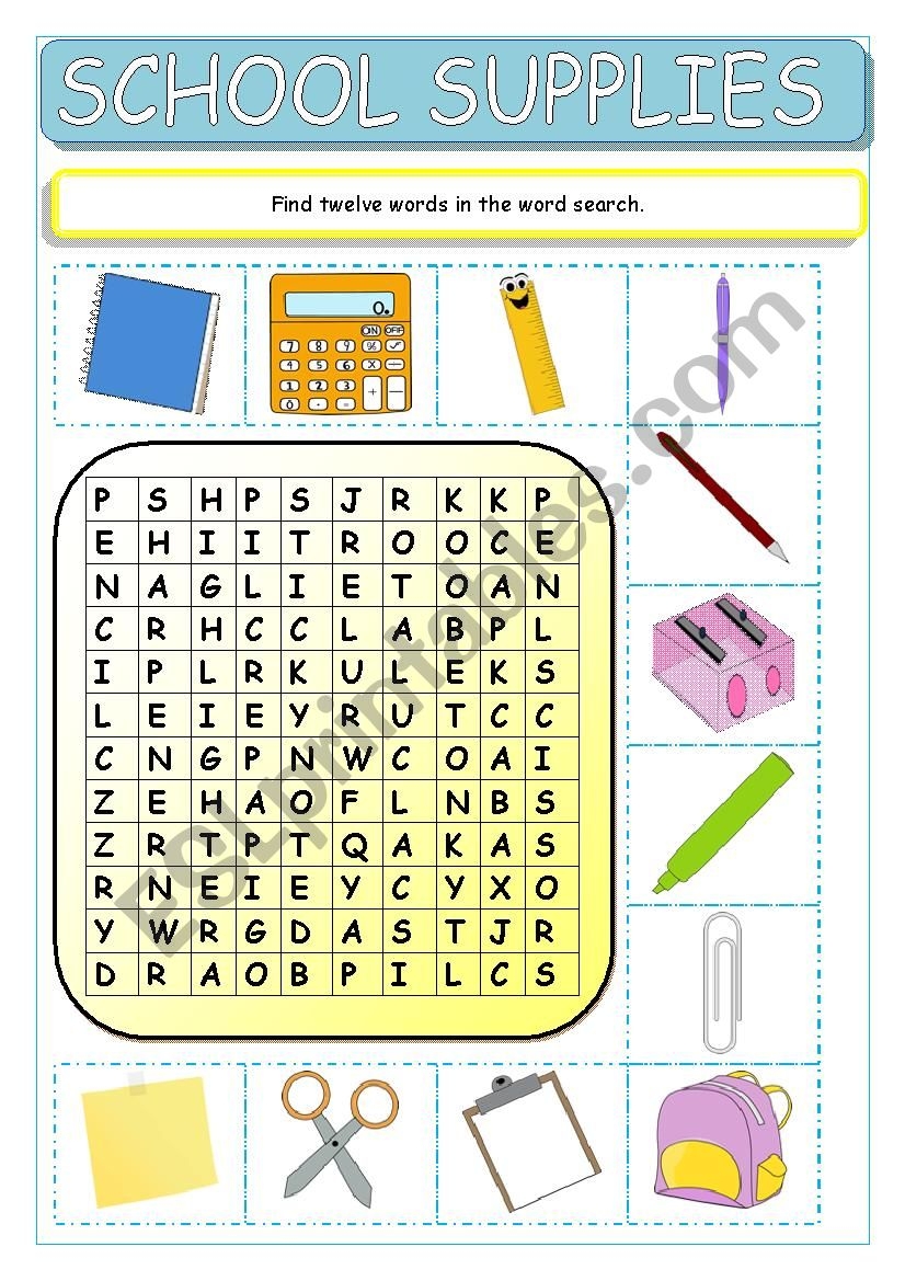 School Supplies Wordsearch ESL Worksheet By Tomas97