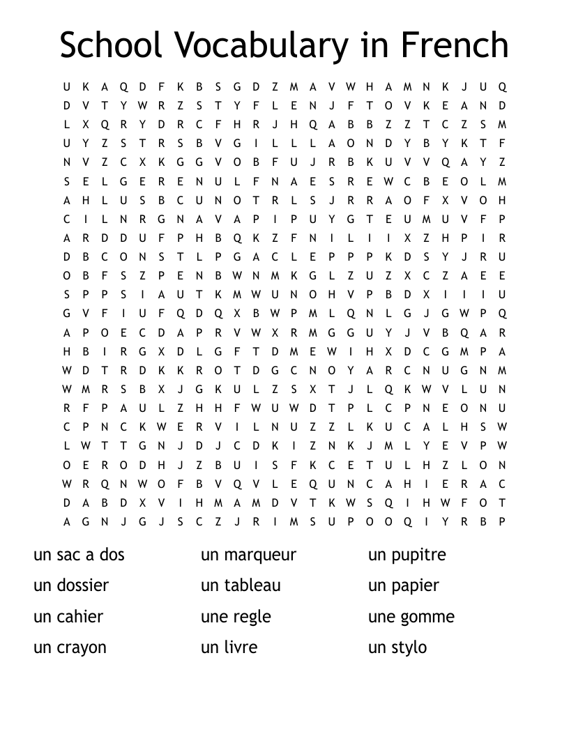 School Vocabulary In French Word Search WordMint