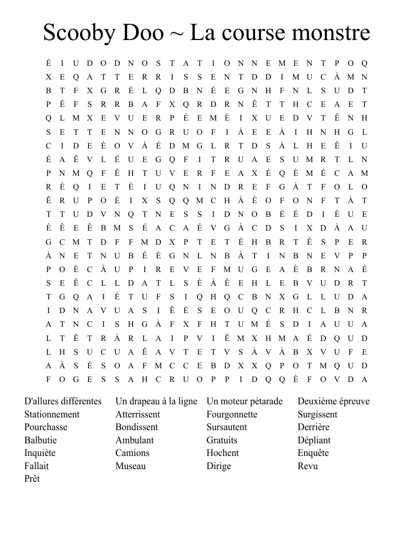 Scooby Doo La Course Monstre Word Search WordMint