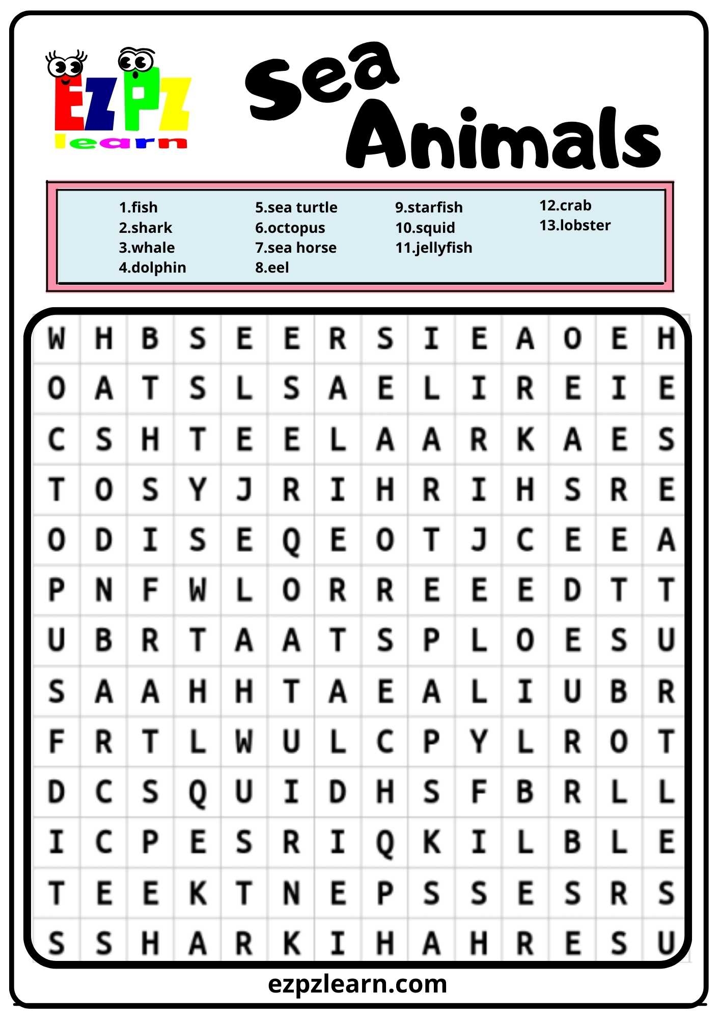 Sea Word Search Printable