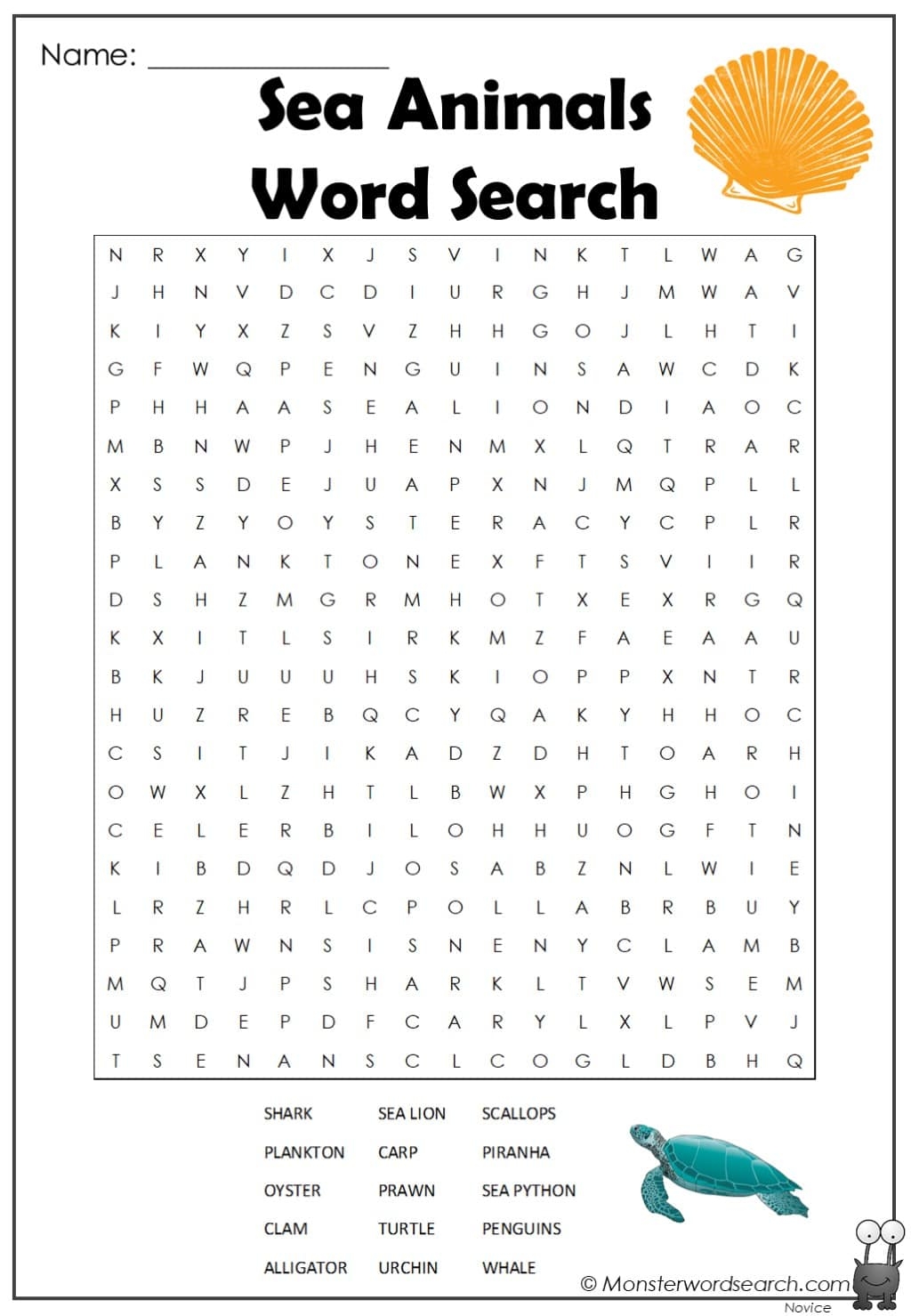 Sea Animals Word Search Monster Word Search