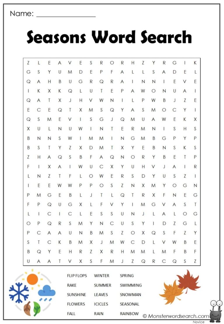 Seasons Word Search Monster Word Search