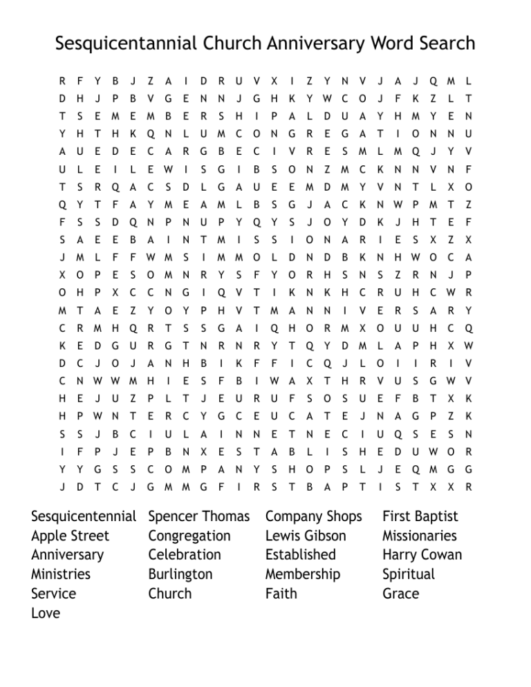 Sesquicentannial Church Anniversary Word Search WordMint