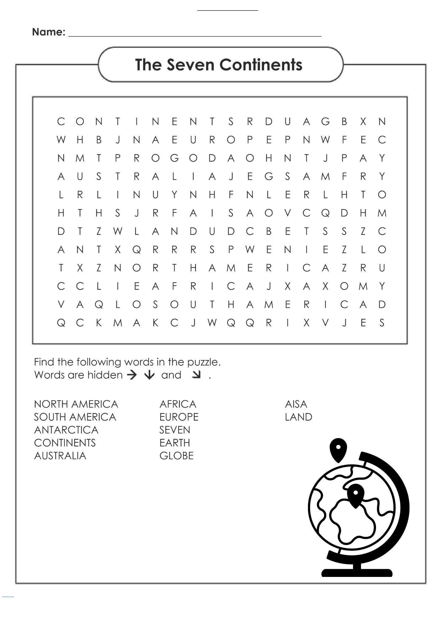 Seven Continents Word Search Puzzle Digital Download