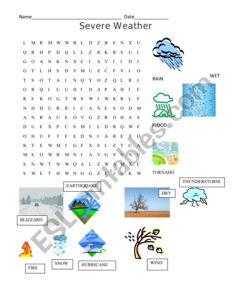 Severe Weather Word Search ESL Worksheet By DLMCPS