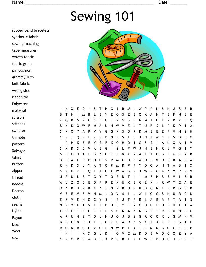 Sewing 101 Word Search WordMint