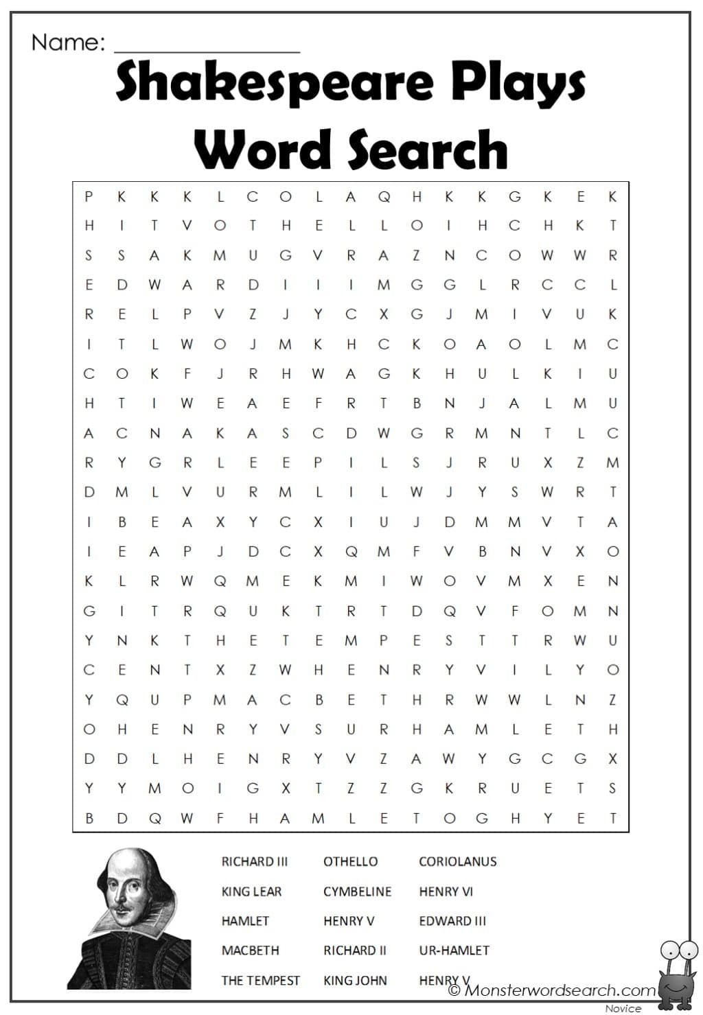 Shakespeare Plays Word Search Monster Word Search Shakespeare Plays Word Search Monster Word Search