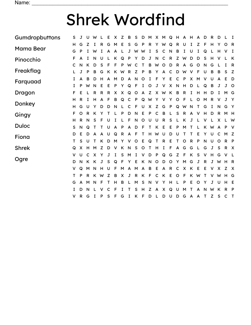 Shrek Wordfind Word Search WordMint