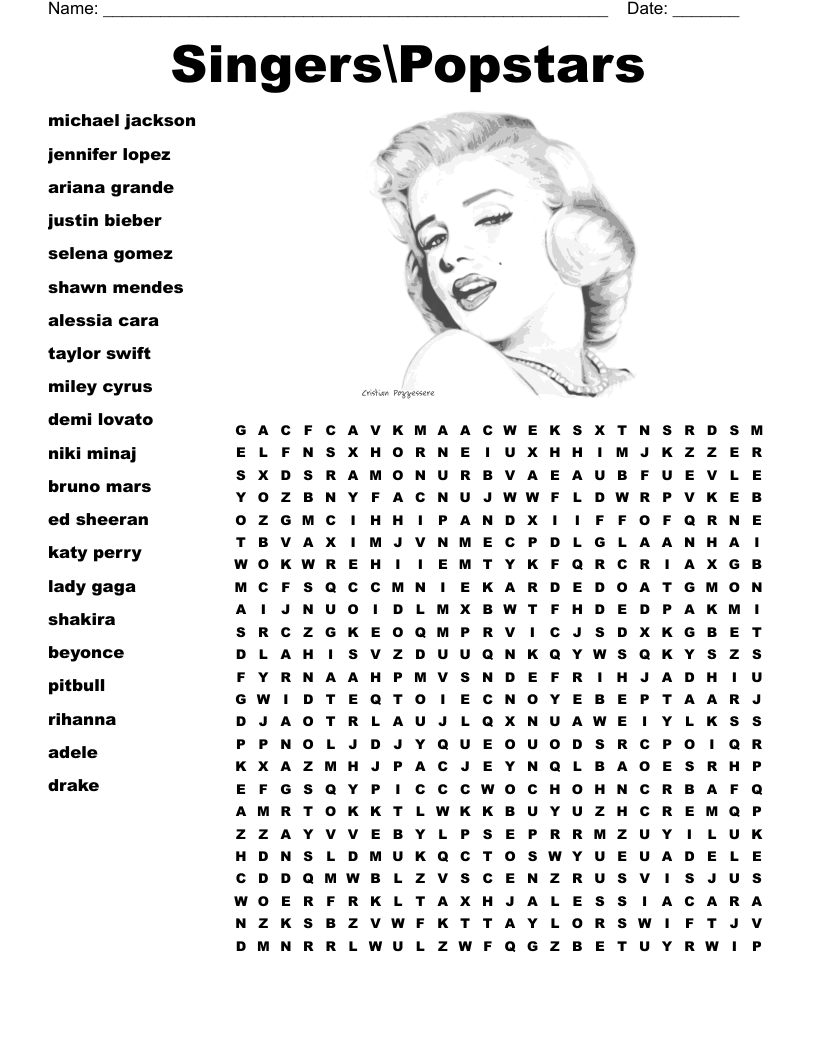 Singers Popstars Word Search WordMint