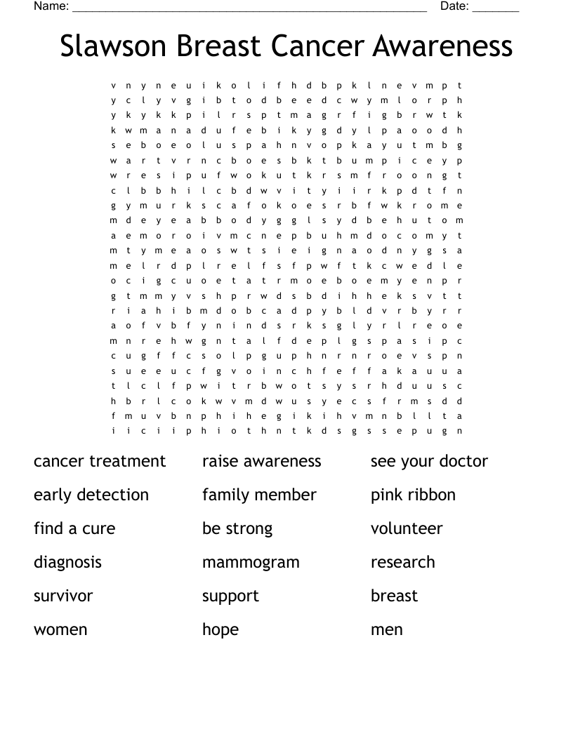 Slawson Breast Cancer Awareness Word Search WordMint