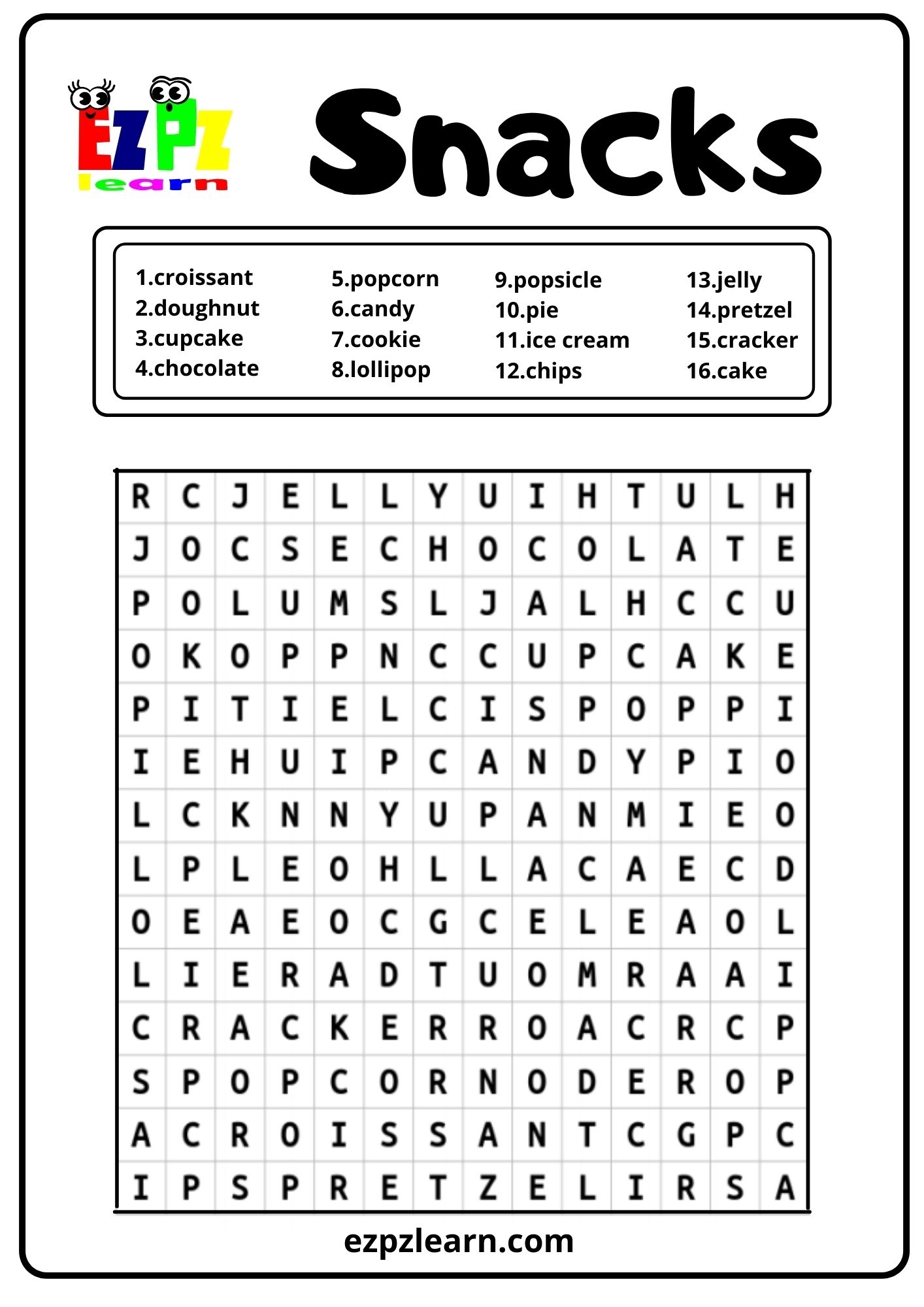 Snacks U0026 Desserts Word Search Ezpzlearn