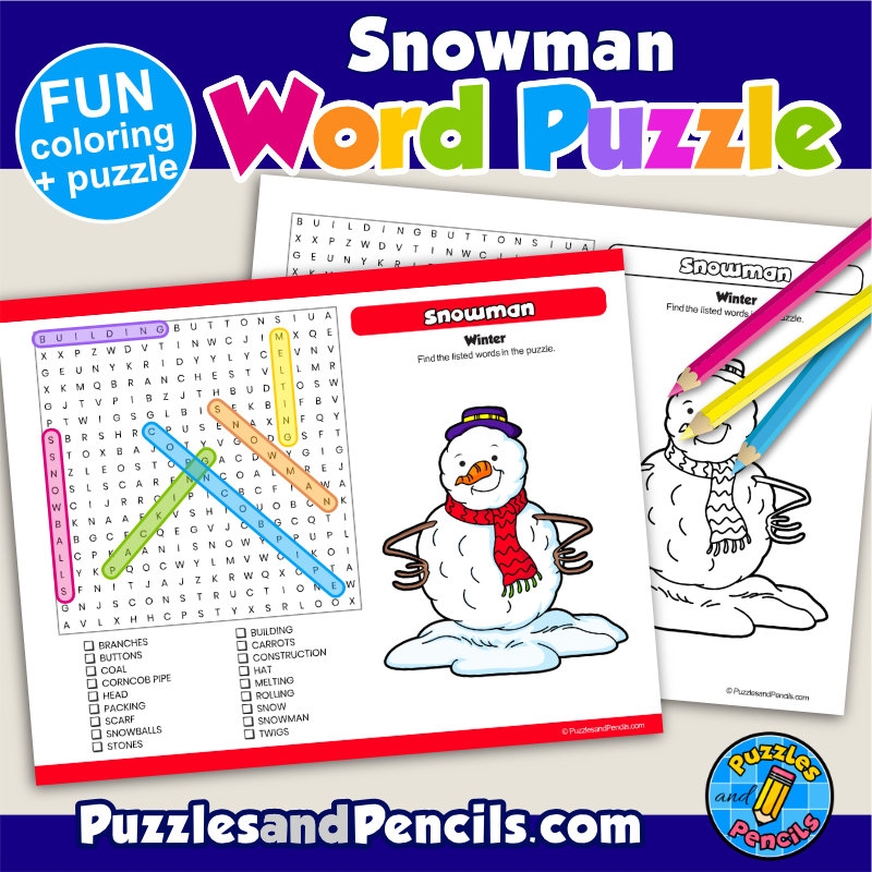 Snowman Word Search Puzzle Activity Page With Coloring Winter 