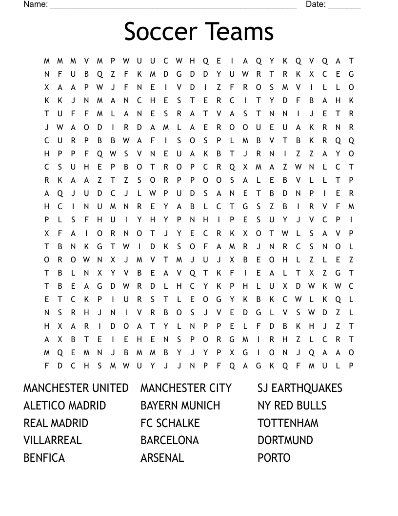 Soccer Teams Word Search WordMint
