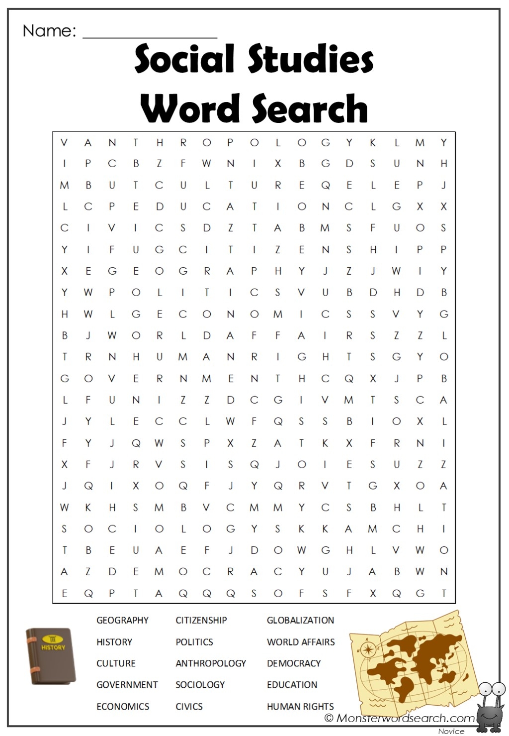 Social Studies Word Search Monster Word Search