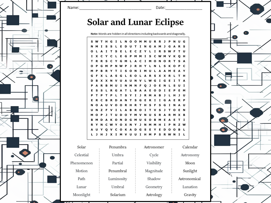 Solar And Lunar Eclipse Word Search Puzzle Worksheet Activity 