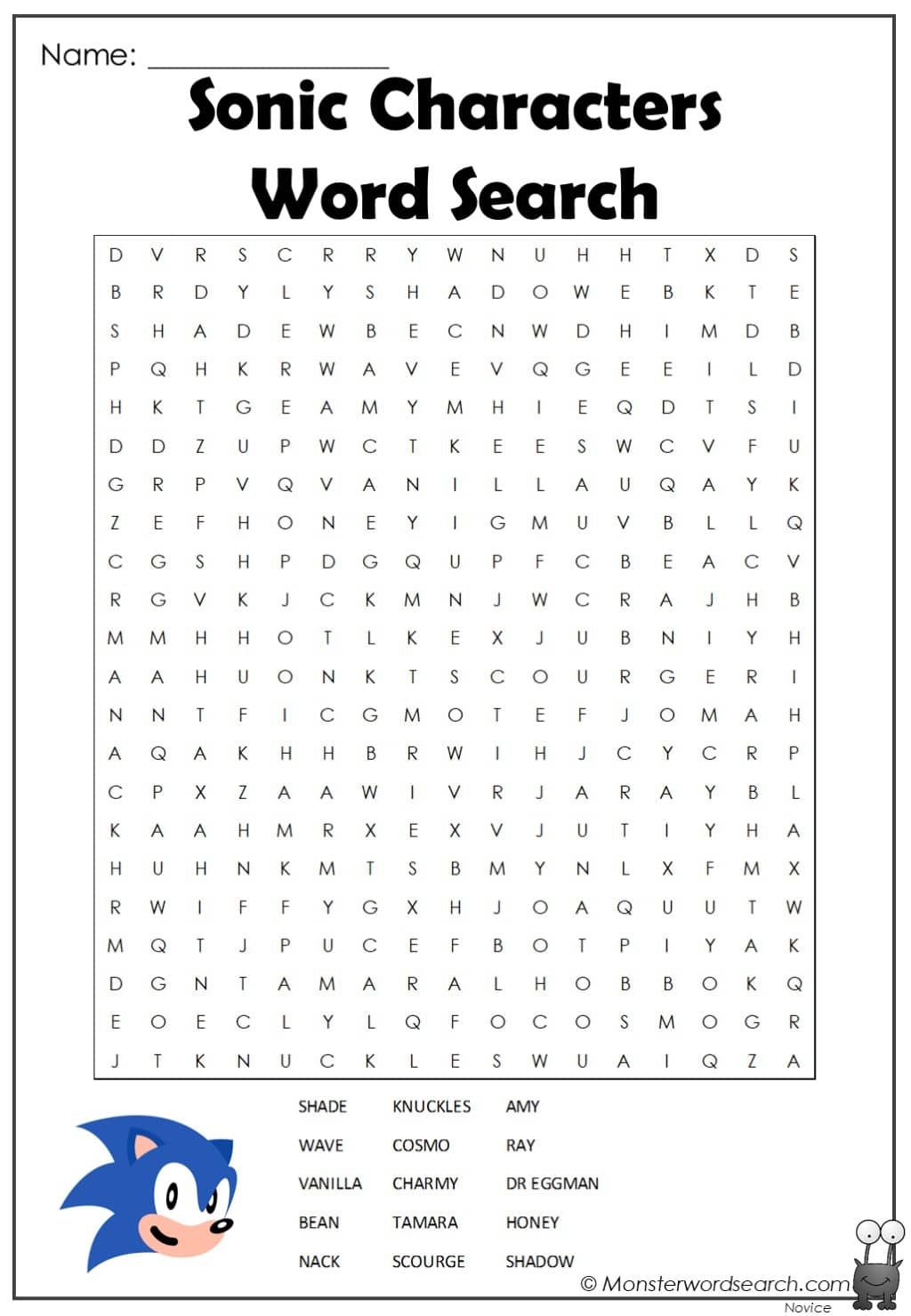 Sonic Characters Word Search Monster Word Search