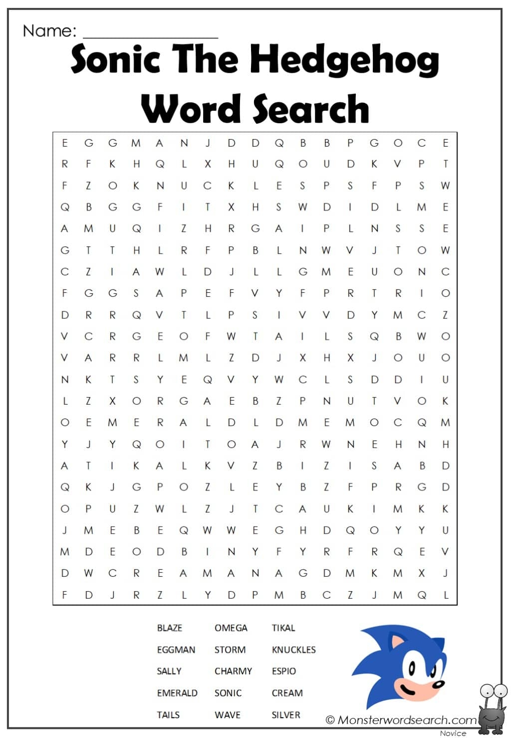 Sonic The Hedgehog Word Search Monster Word Search