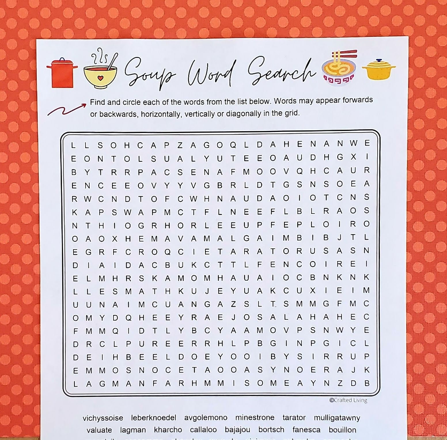 Soup Printable Word Search Food Word Puzzle Party Game Brain Teaser Game Home School Classroom Home Family Activity Food Fun Etsy