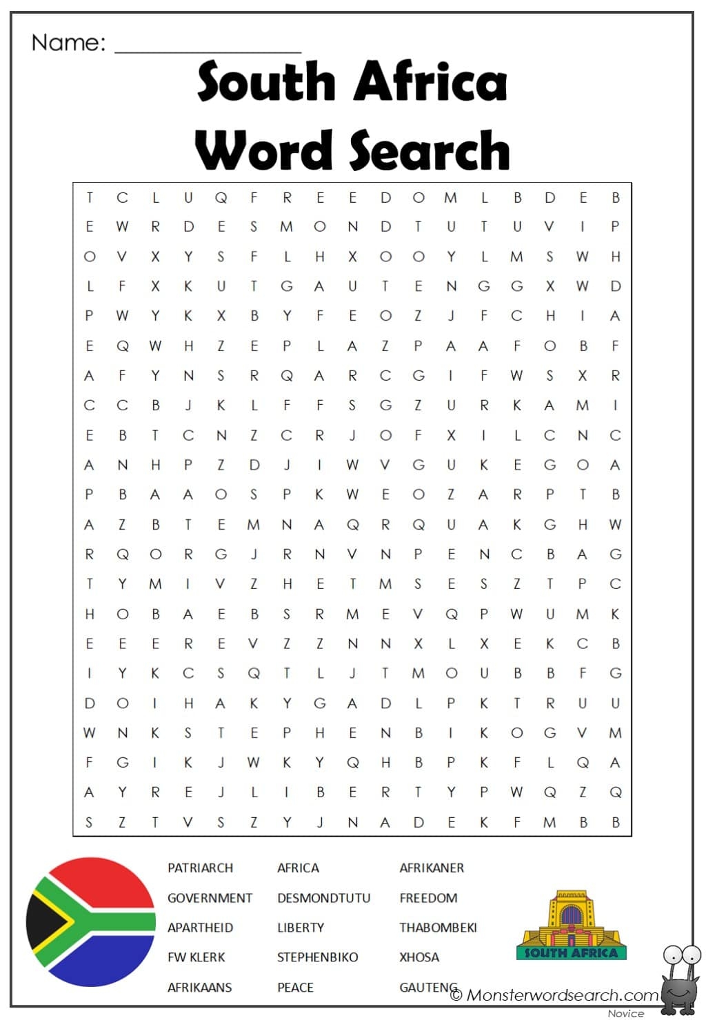 South Africa Word Search Monster Word Search