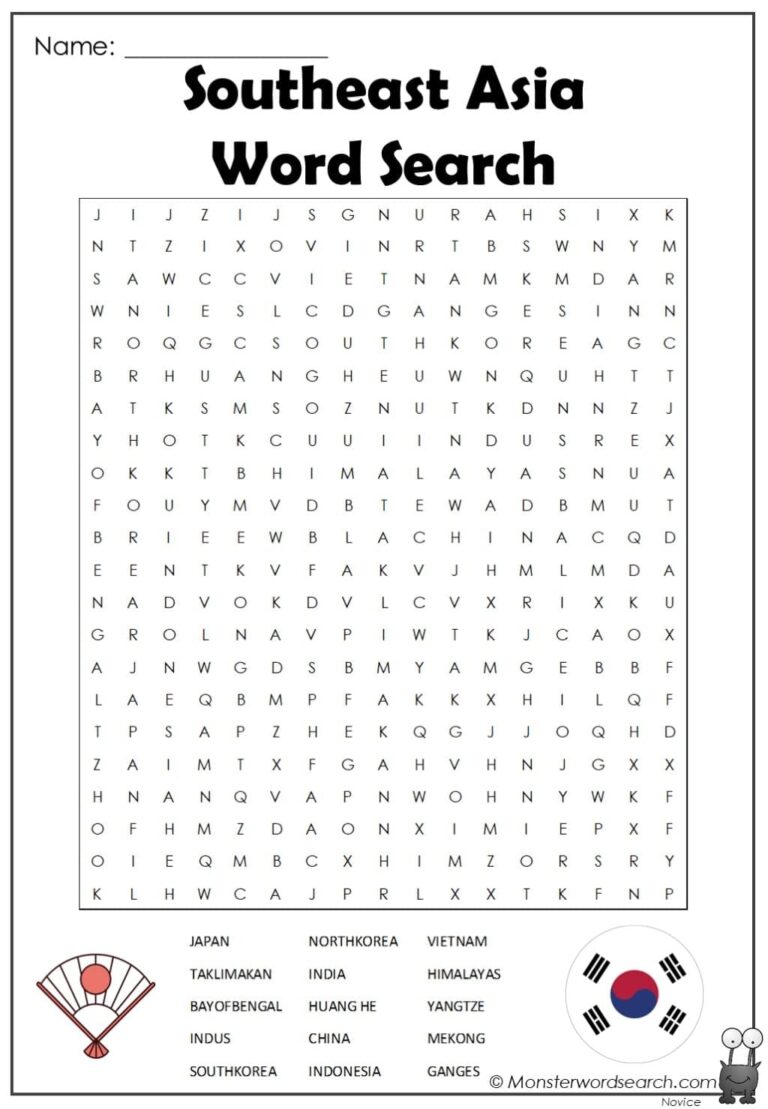 Southeast Asia Word Search Monster Word Search