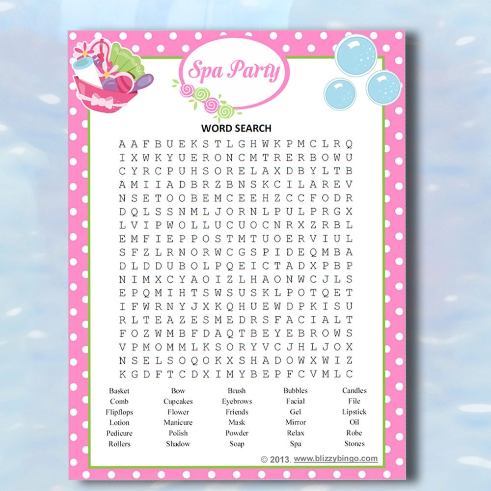 Spa Party Word Search Printable Pdfs Etsy