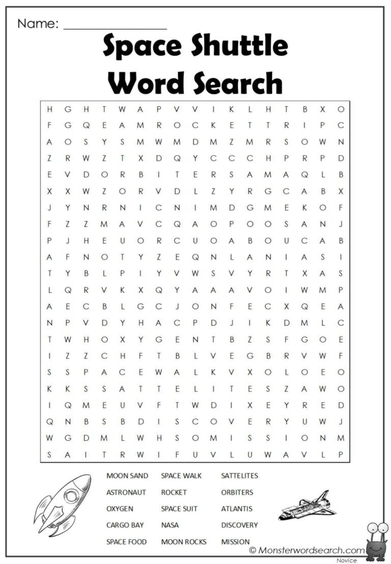 Space Shuttle Word Search Monster Word Search