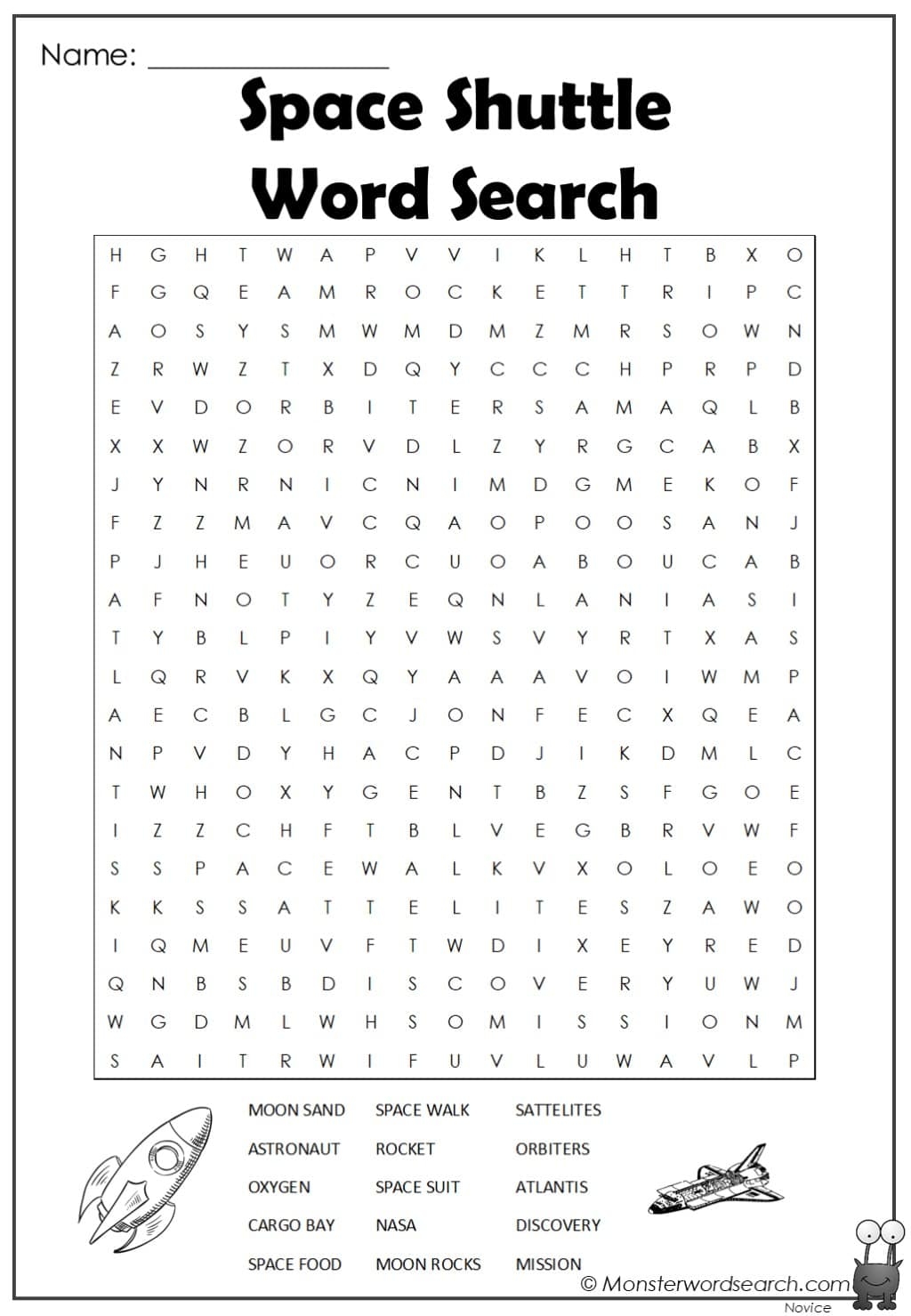 Space Shuttle Word Search Monster Word Search