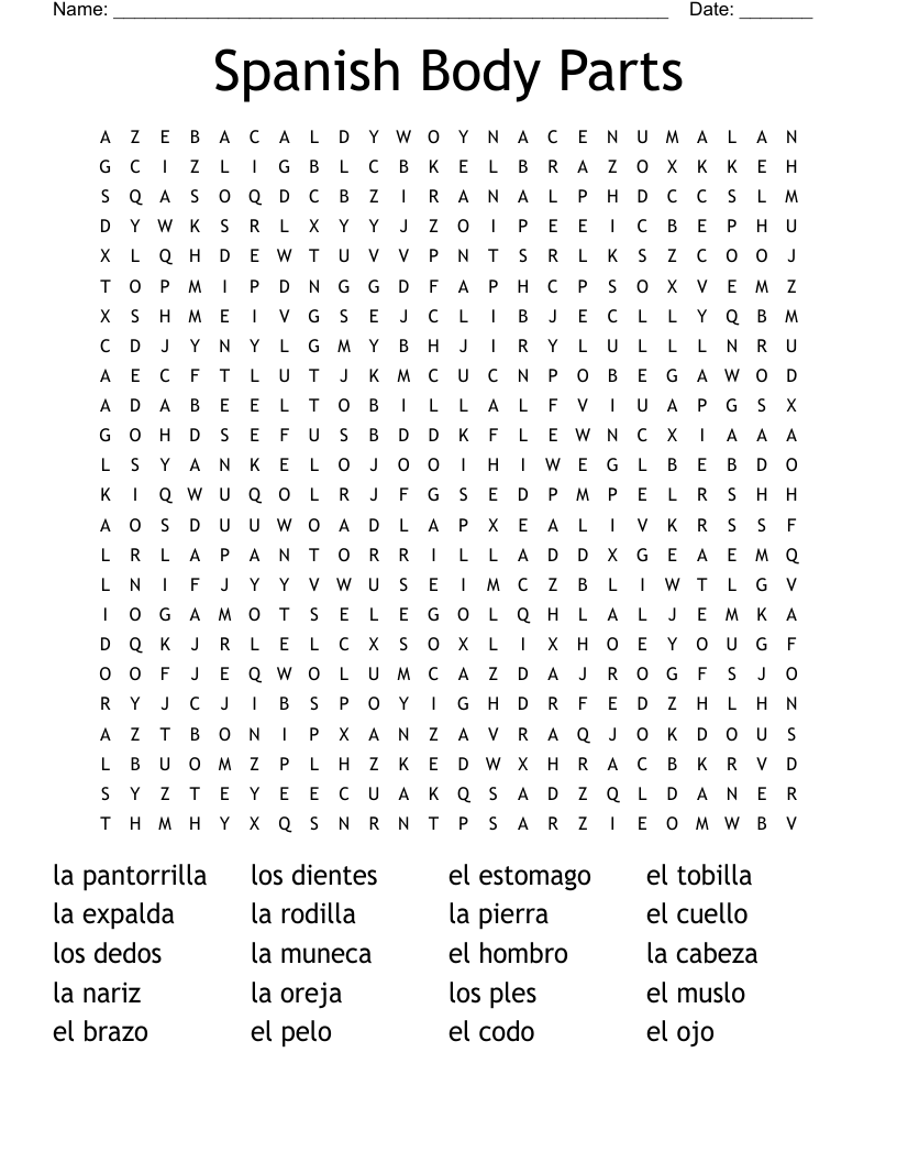 Spanish Body Parts Word Search WordMint