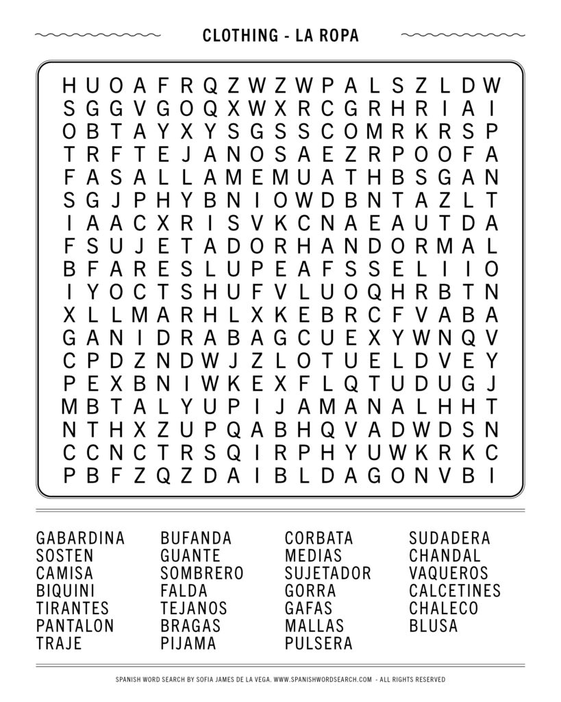 Spanish Clothes Word Search Find Clothing Vocabulary In Spanish Spanish Clothes Word Search Find Clothing Vocabulary In Spanish
