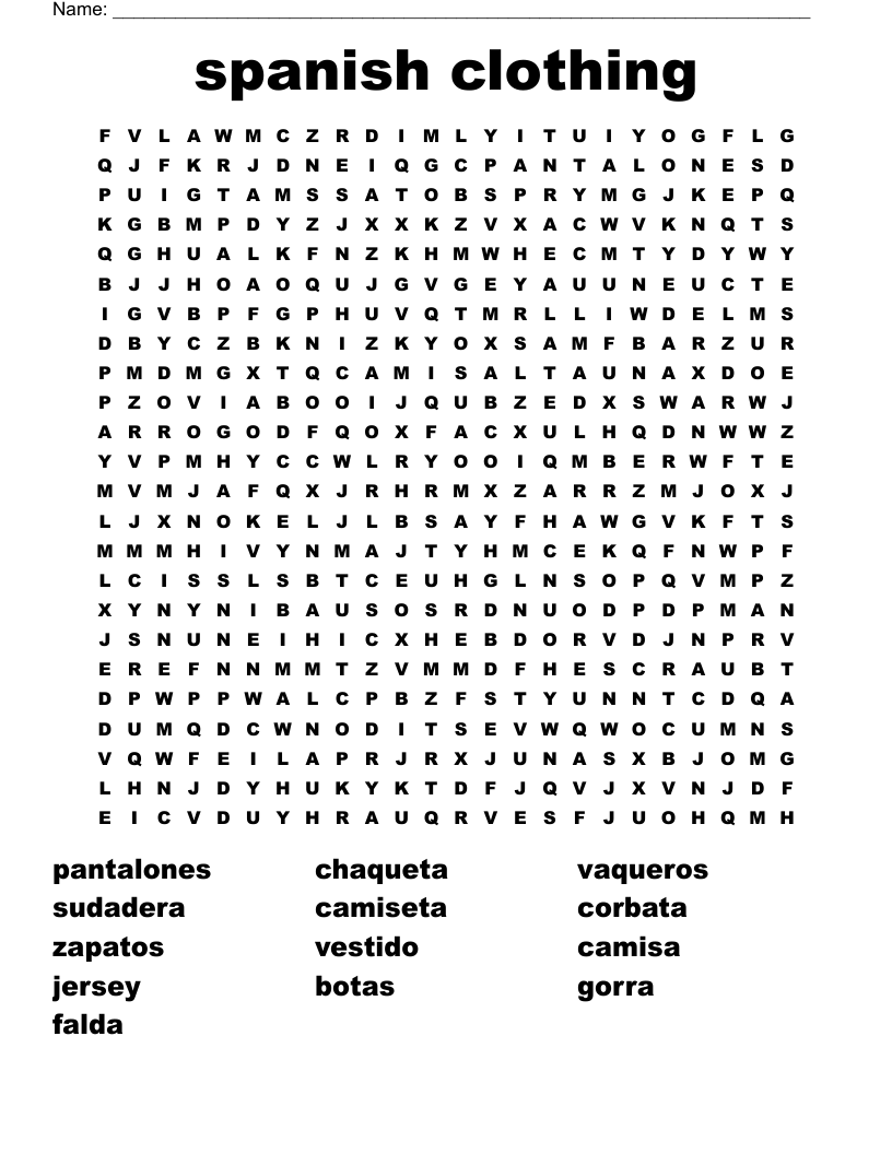 Spanish Clothing Word Search WordMint