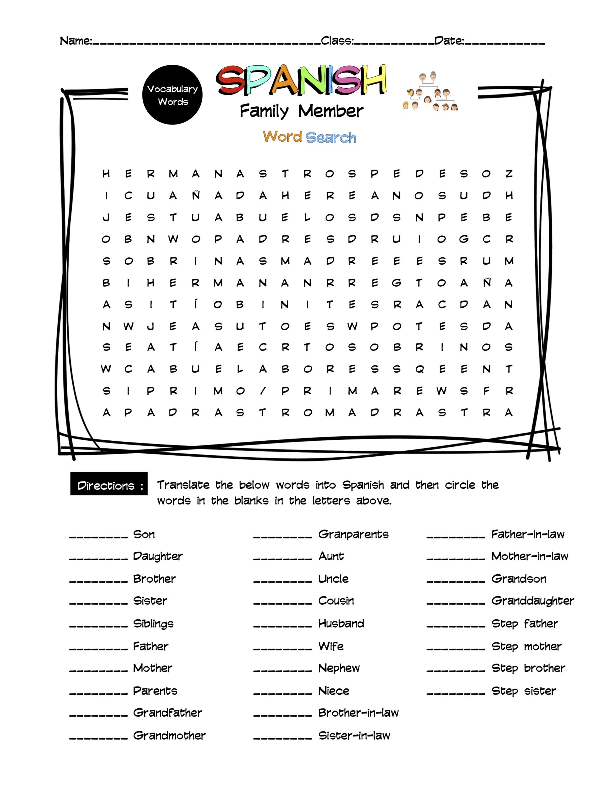 Spanish Family Members Vocabulary Word Search U0026 Answer Key
