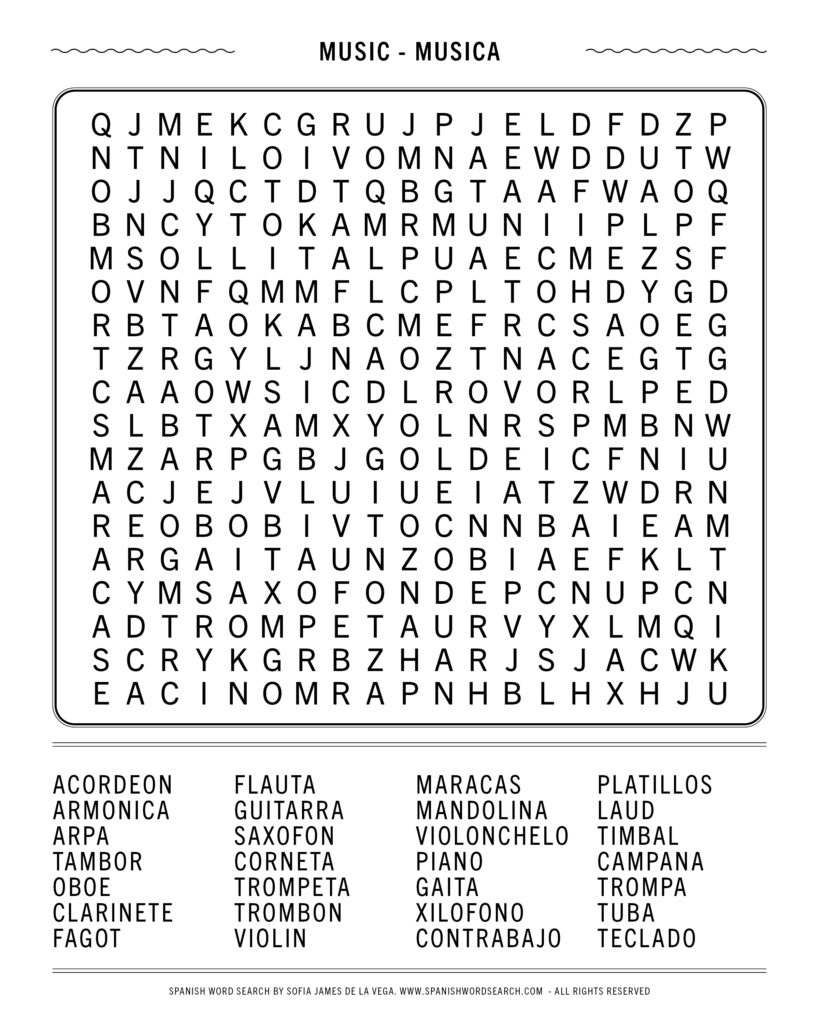 Printable Musical Instrument Word Search