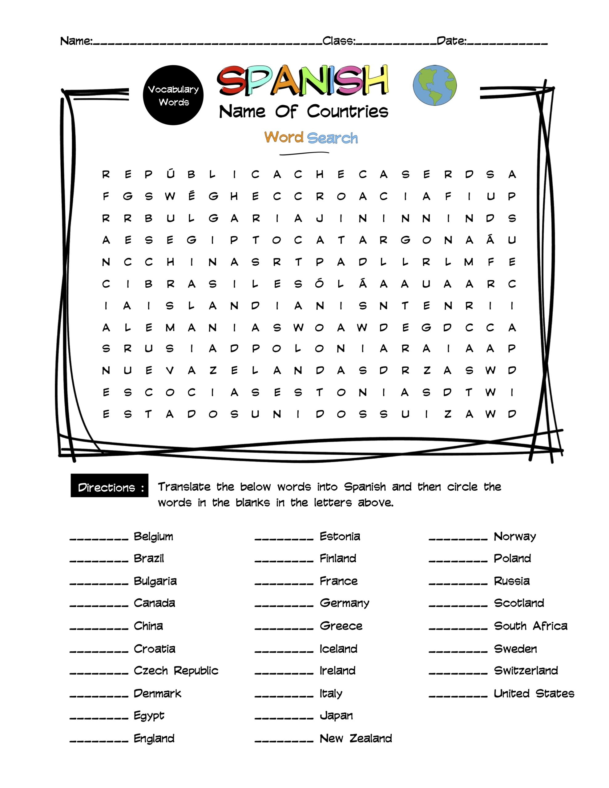 Spanish Names Of Countries Vocabulary Word Search U0026 Answer Key Made By Teachers