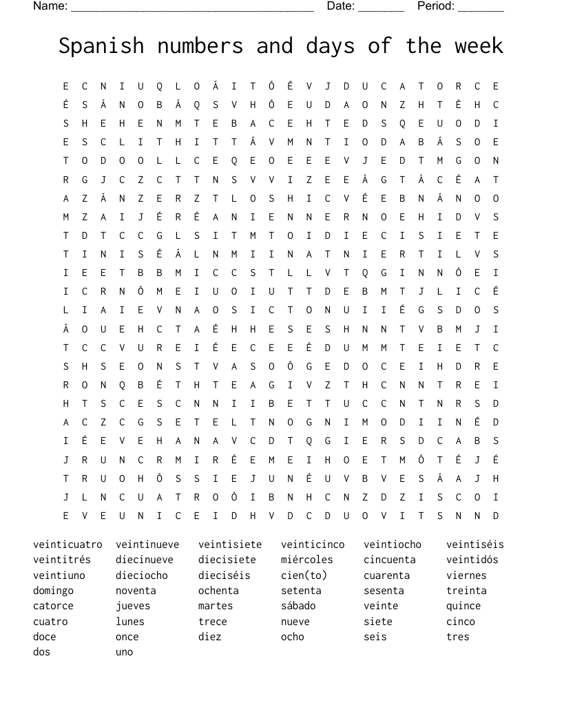 Spanish Numbers And Days Of The Week Word Search WordMint