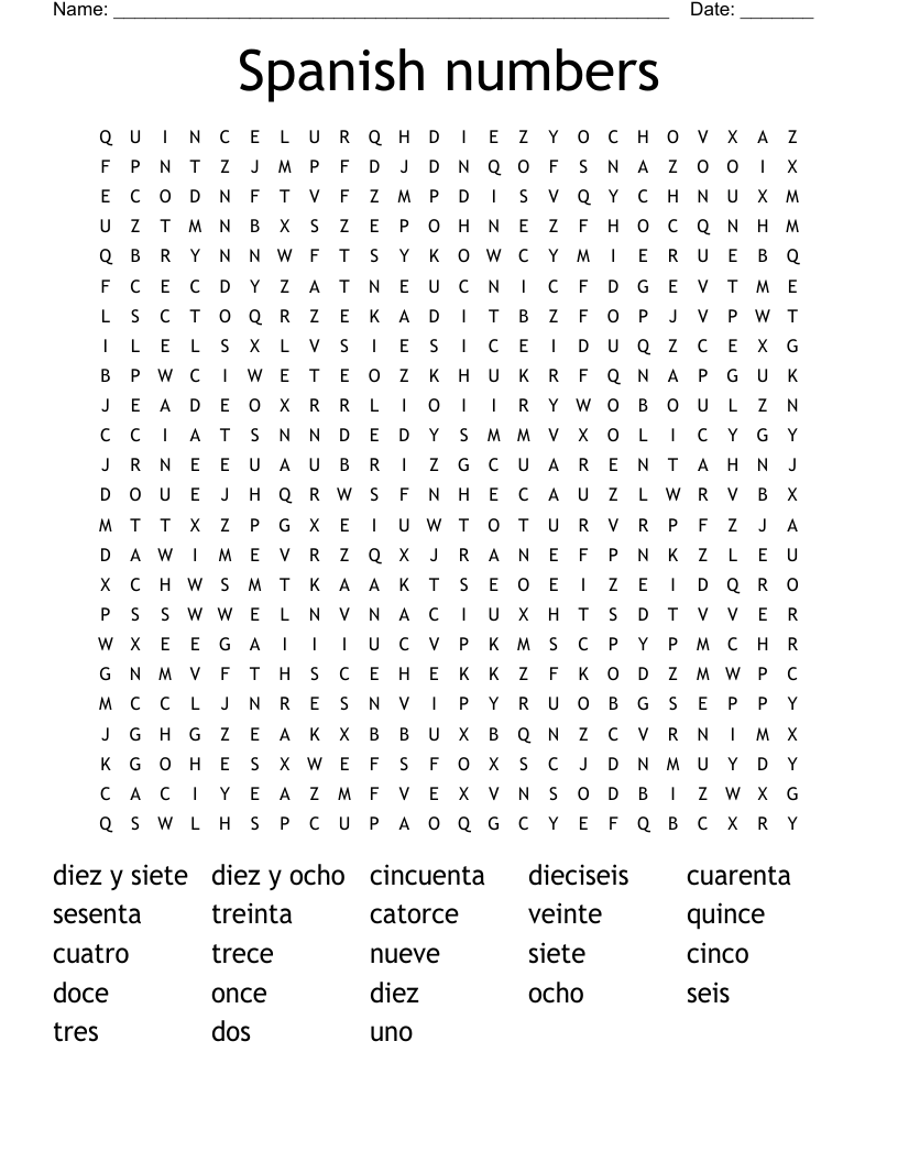 Spanish Numbers Word Search WordMint