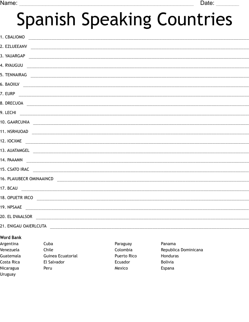 Spanish Speaking Countries Word Search Printable