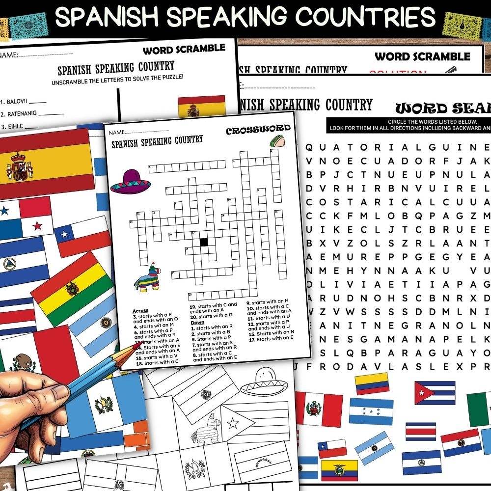 Spanish Speaking Countries Wordsearch Word Scramble Puzzle Flags Coloring Page