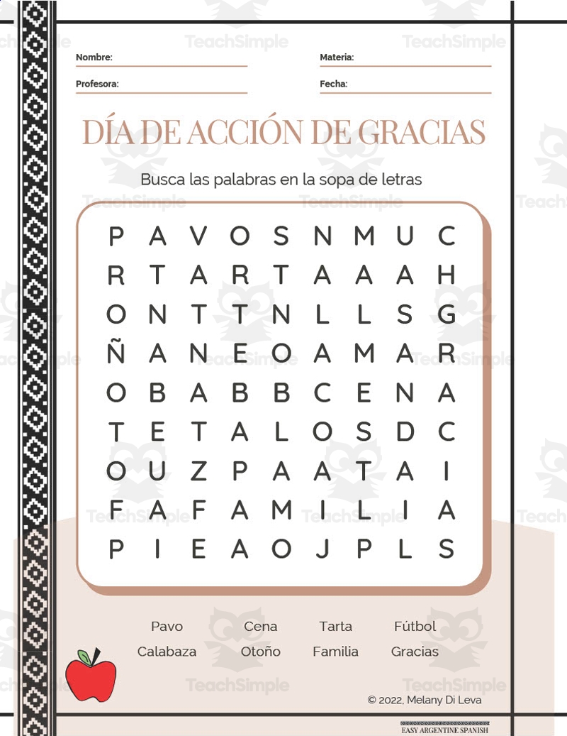 Spanish Thanksgiving Day Word Search Packet