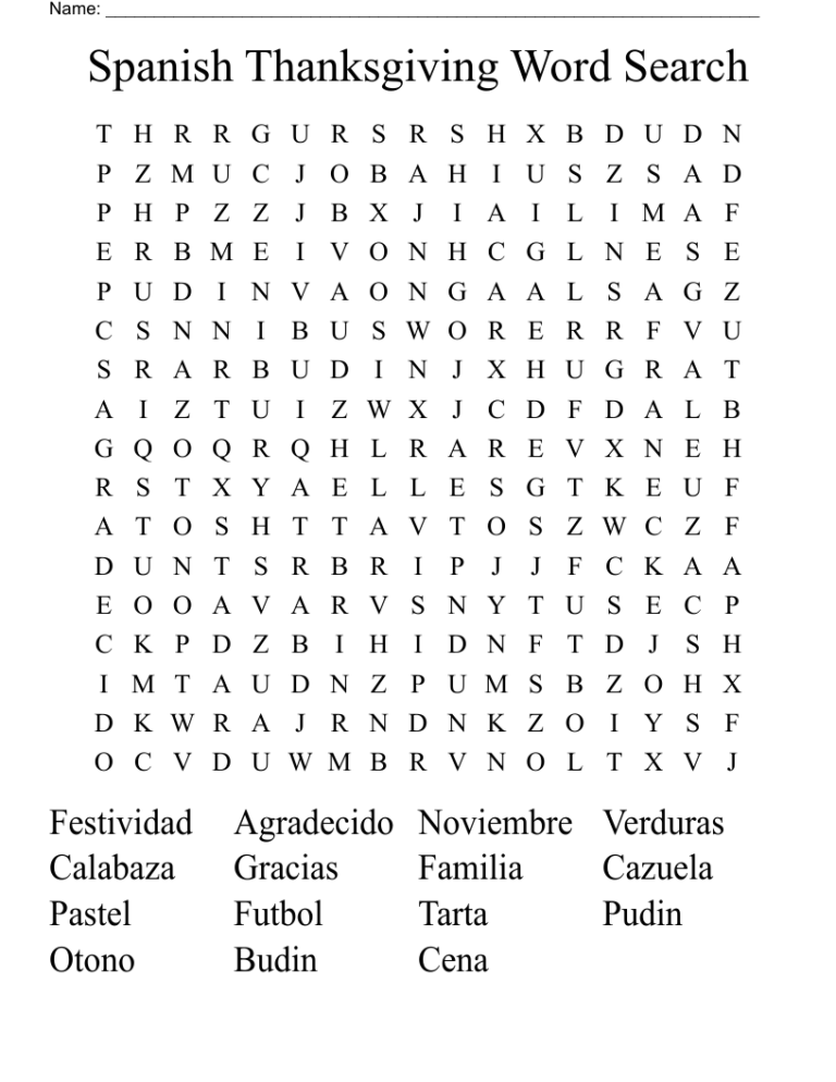 Spanish Thanksgiving Word Search WordMint