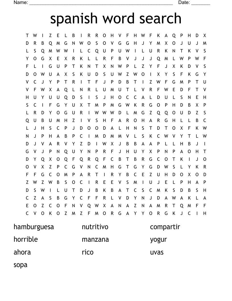 Printable Spanish Food Word Search