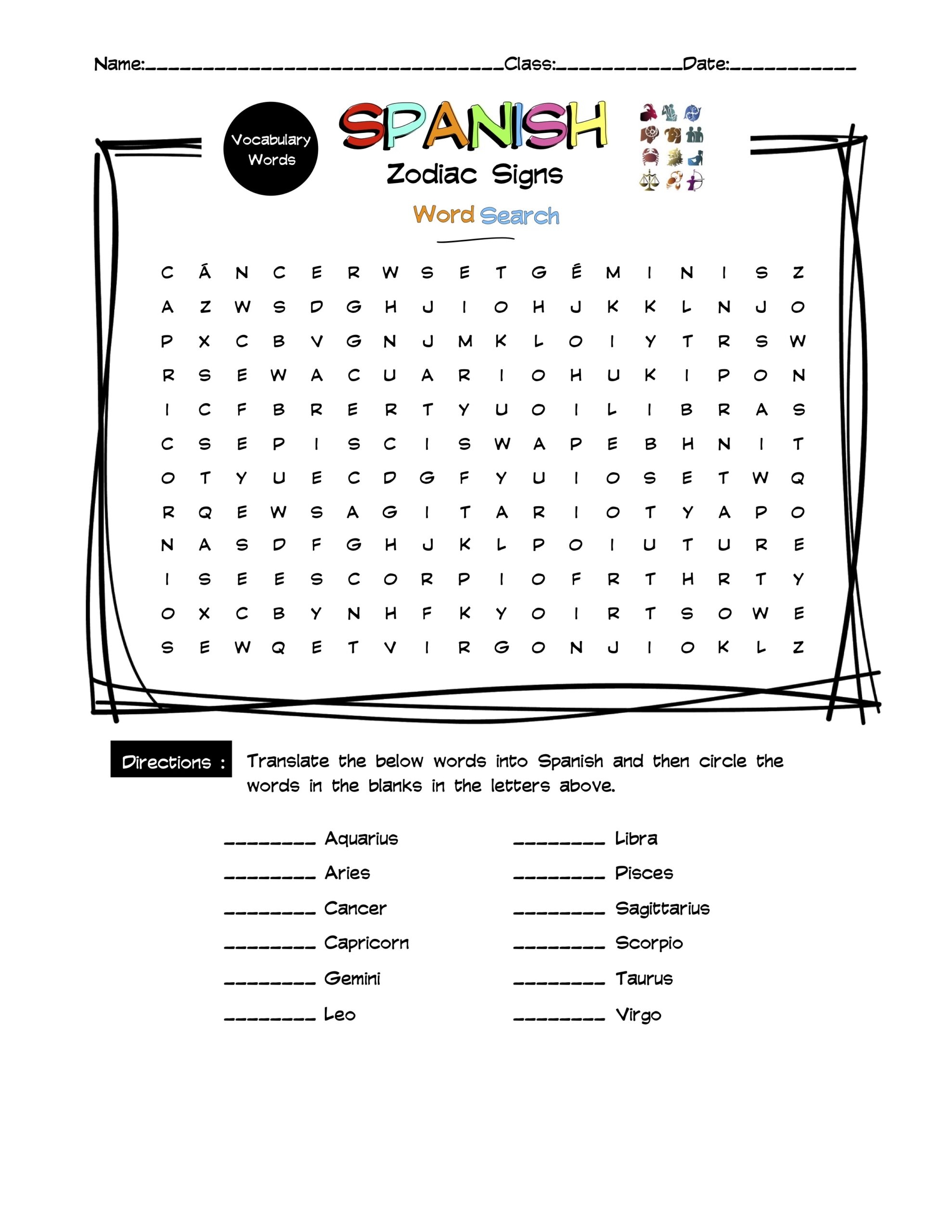 Printable Spanish Word Search 1