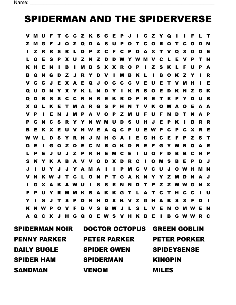 SPIDERMAN AND THE SPIDERVERSE Word Search WordMint