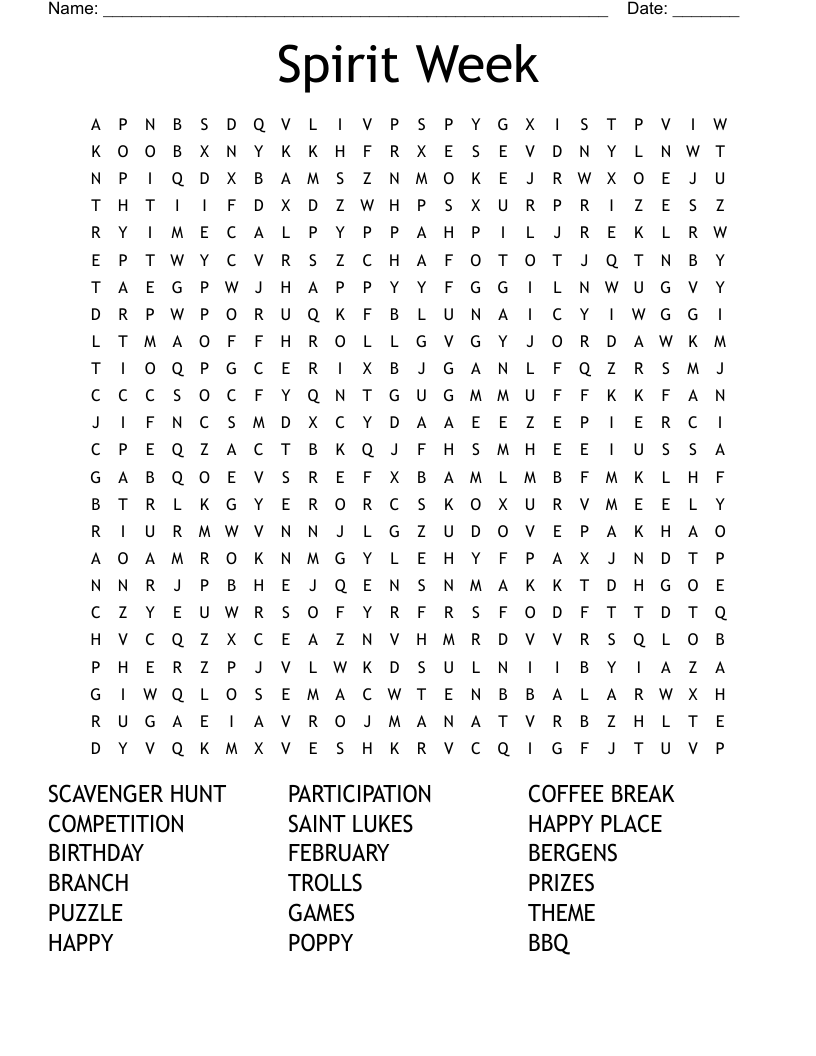 Spirit Week Word Search WordMint