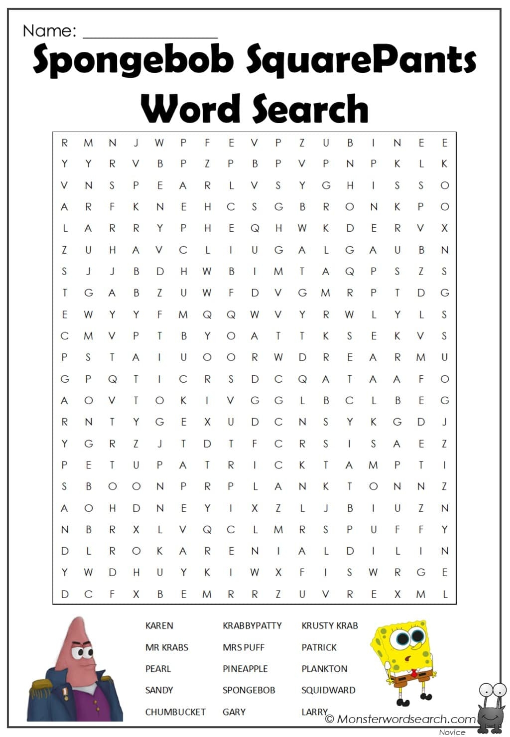Spongebob Squarepants Word Search Monster Word Search