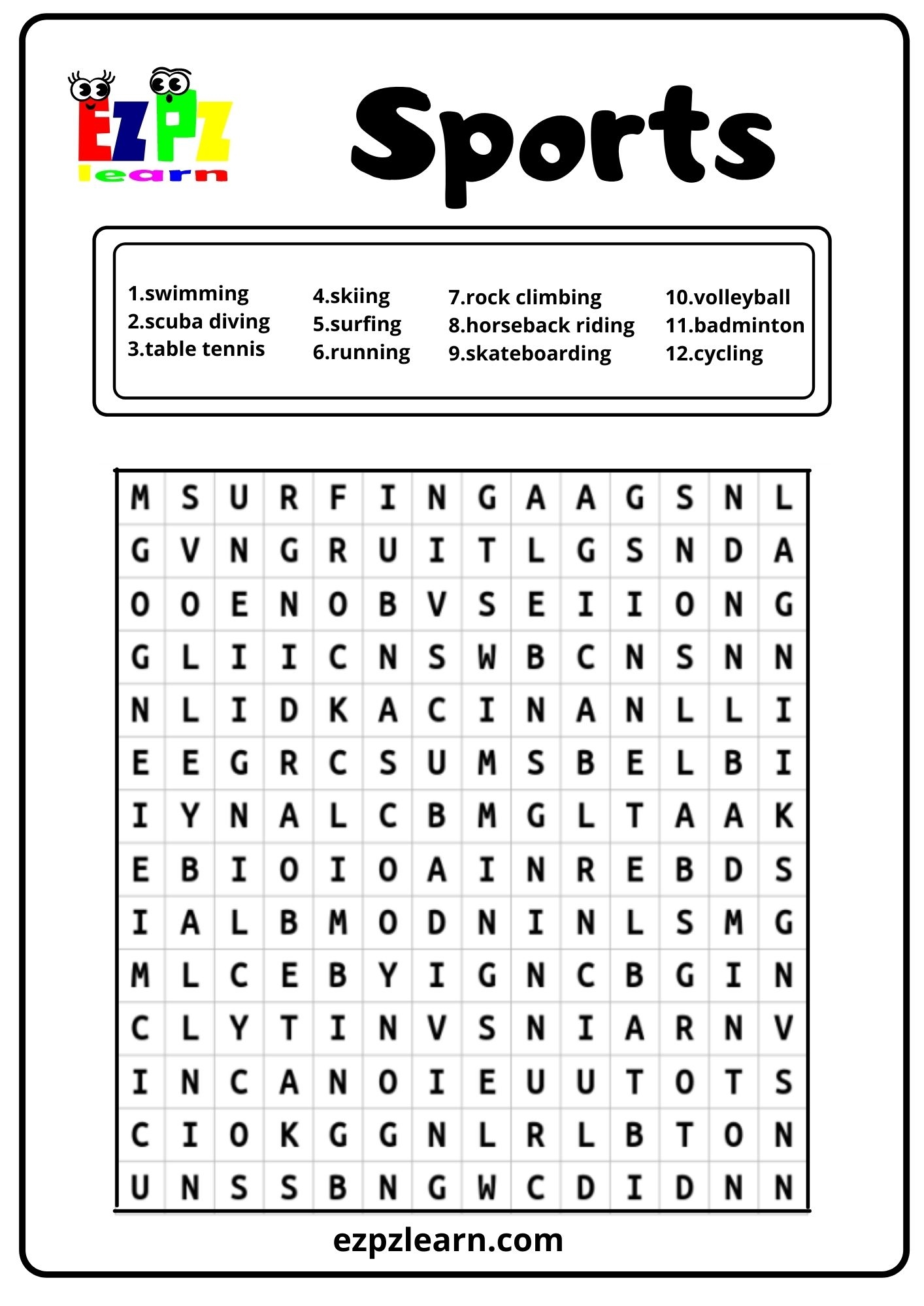 Sports Word Search 1 Ezpzlearn Sports Word Search 1 Ezpzlearn