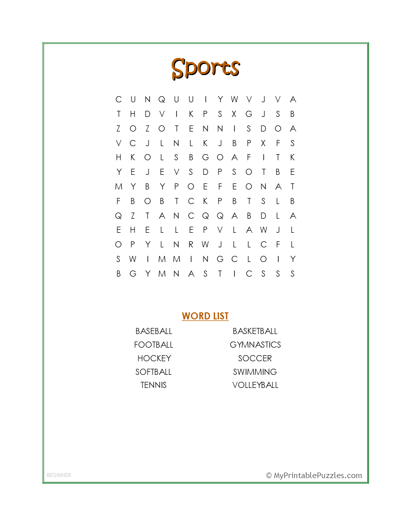 Sports Word Search Beginner My Printable Puzzles