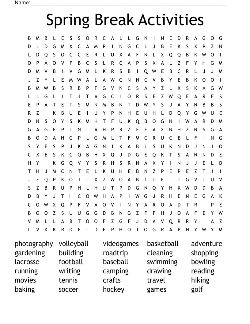 Spring Break Activities Word Search WordMint